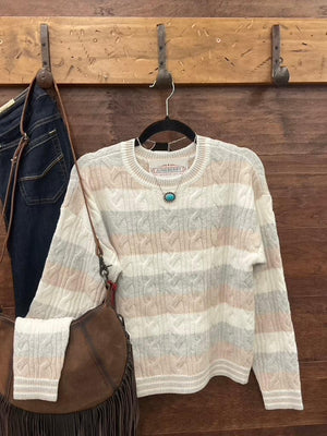 Cream, grey and beige horizontally striped knit sweater
