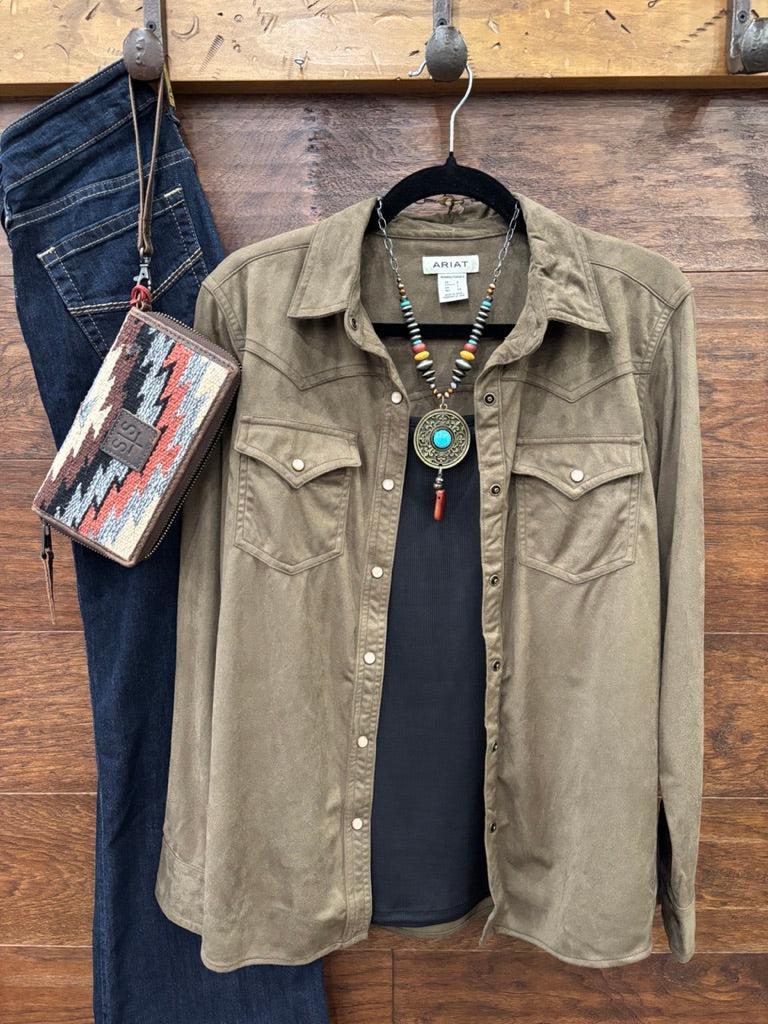 An olive green western-style button-up shirt 