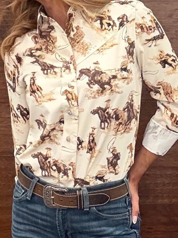  Rrodeo Print Long Sleeve Button Up