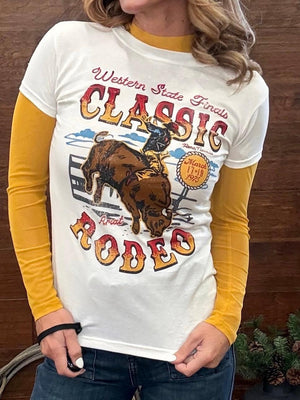 A woman wearing a white graphic t-shirt with a rustic western theme, featuring a brown steer graphic and the words 'Western State Fairs Classic Rodeo', 