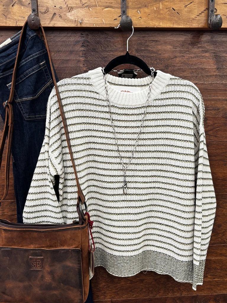 A cream and olive green striped knit sweater 