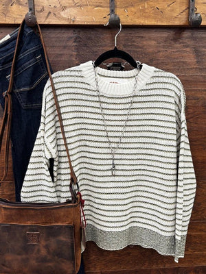 A cream and olive green striped knit sweater 