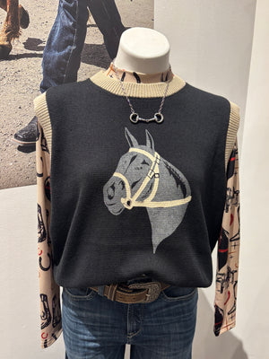 Cozy sweater vest with a charming retro horse graphic. Its soft, neutral palette makes it versatile for layering.