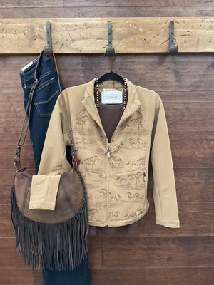 A tan zip-front jacket with a subtle horse-and-rider print. 