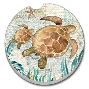 Round coaster with a turtle design on an underwater-themed background