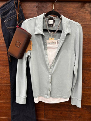 light blue long-sleeve button-up shirt. 
