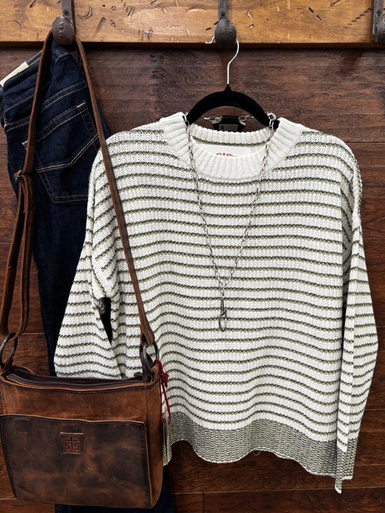 A cream and olive green striped knit sweater 