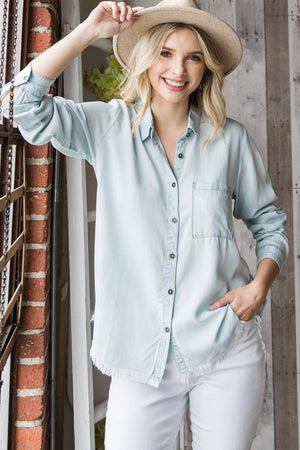 Washed Tencel Button Down Frayed Shirt