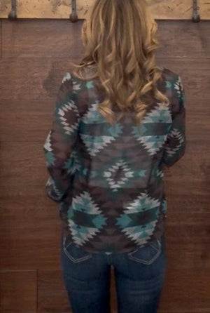 Turquoise and black Aztec patterned long-sleeve sheer blouse with 