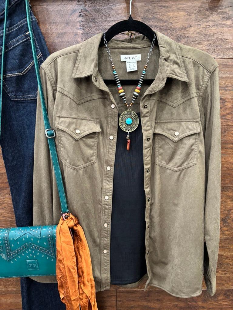 An olive green western-style button-up shirt 
