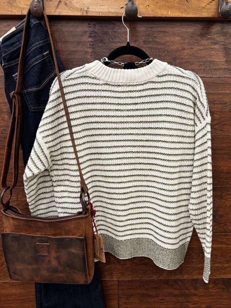 A cream and olive green striped knit sweater 
