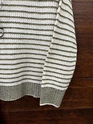 A cream and olive green striped knit sweater 