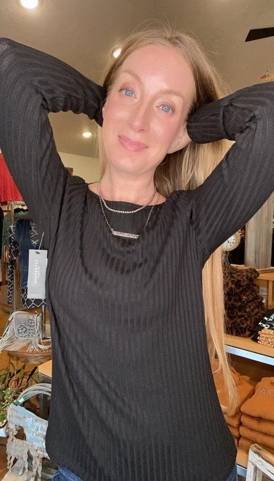 Liverpool Ribbed Knit Boat Neck Long Sleeve Top