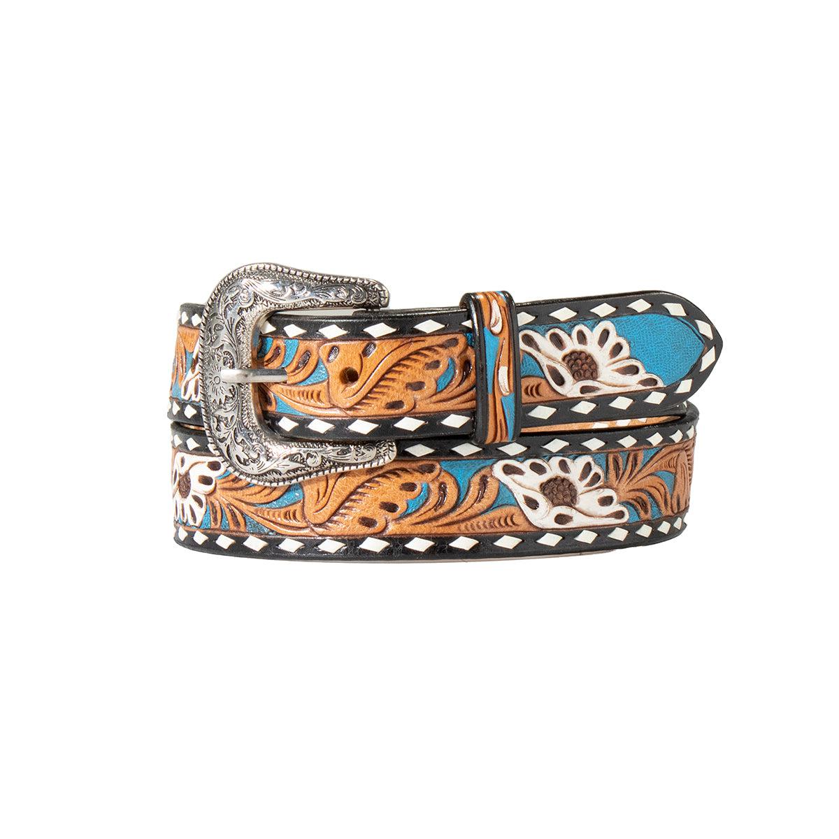 LADIES NOCONA 1 1/2 HAND TOOLED PAINTED FLORAL INLAY