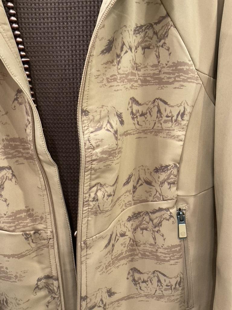 A tan zip-front jacket with a subtle horse-and-rider print. 