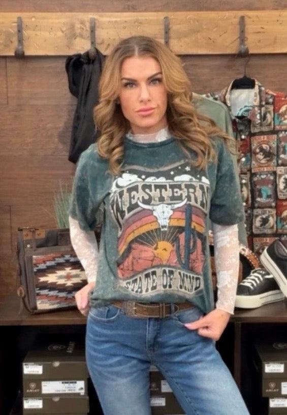 Person wearing a graphic t-shirt with text and design