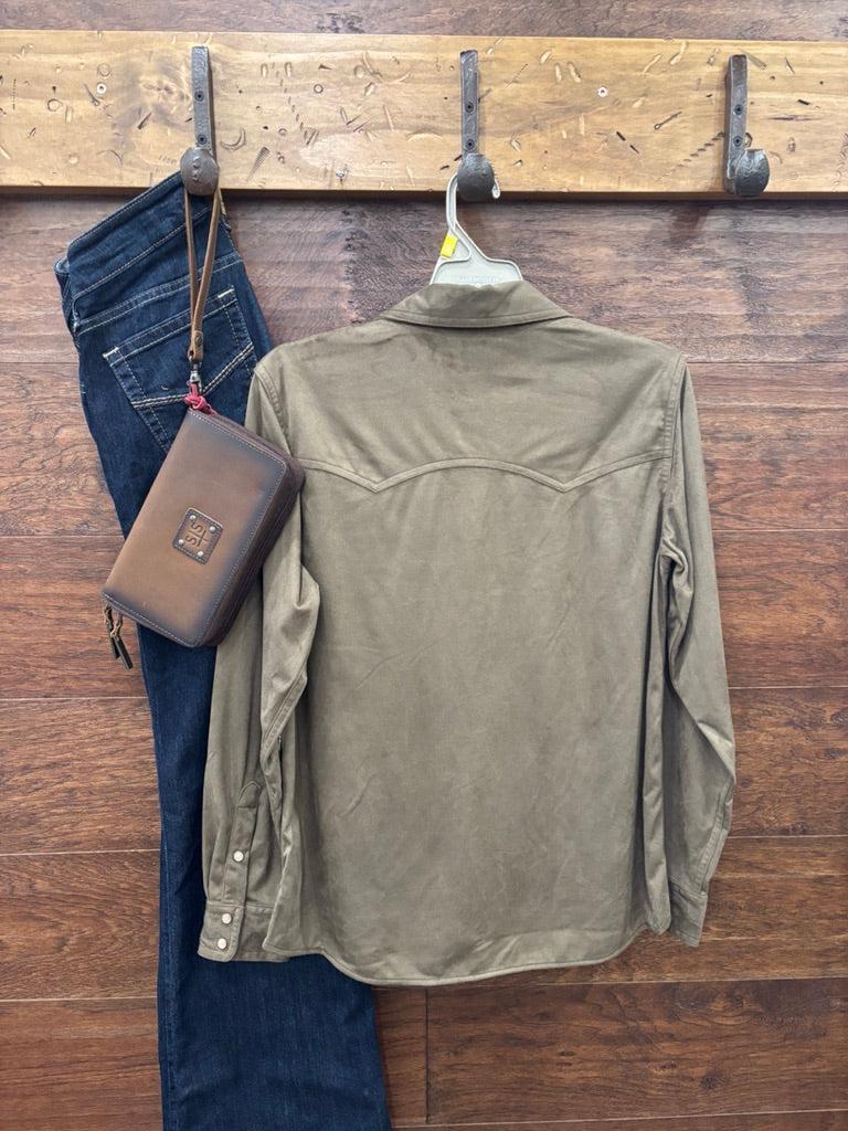 An olive green western-style button-up shirt 