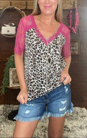 Leopard Printed Top With Lace Sleeves