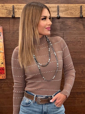 Mocha ribbed mock-neck long-sleeve top with thin white horizontal stripes