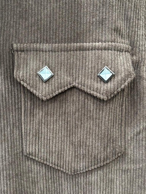 Dark brown western-style button-down shirt with silver studs and chest pockets, 