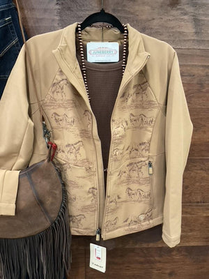 A tan zip-front jacket with a subtle horse-and-rider print. 