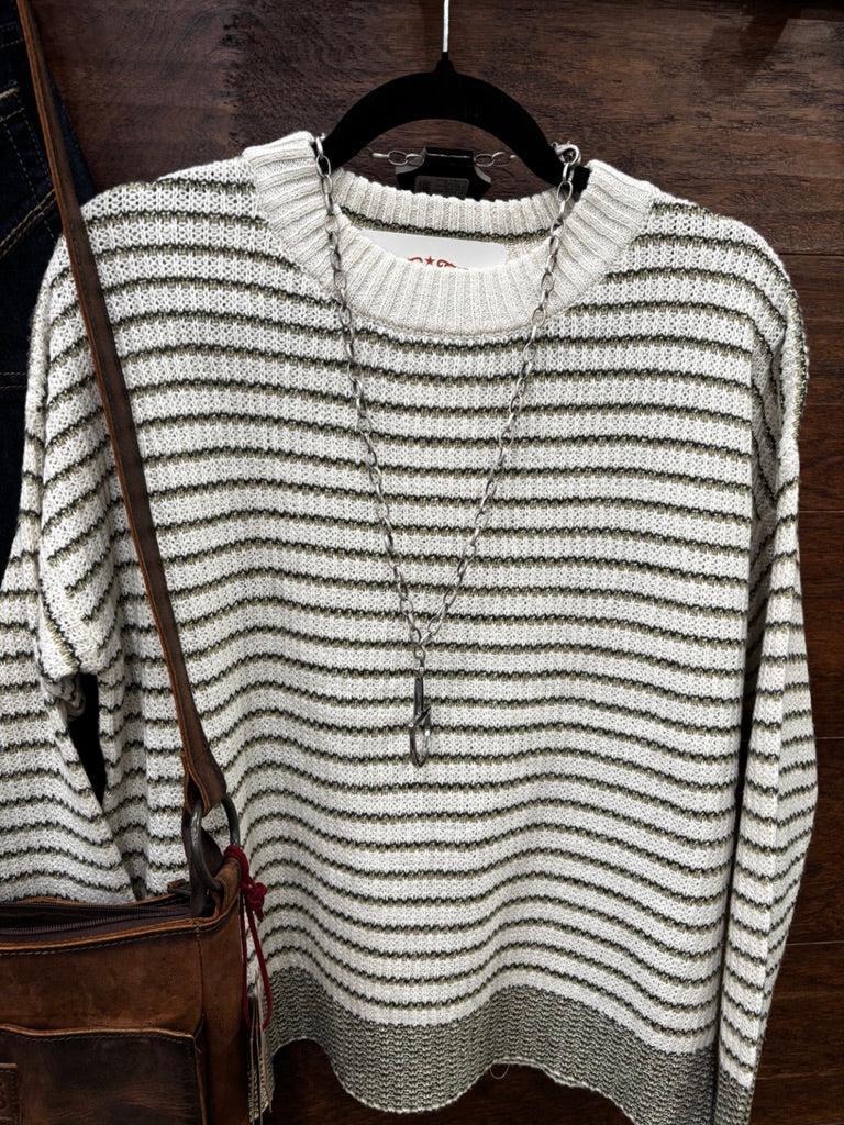 A cream and olive green striped knit sweater 