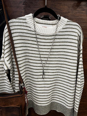 A cream and olive green striped knit sweater 