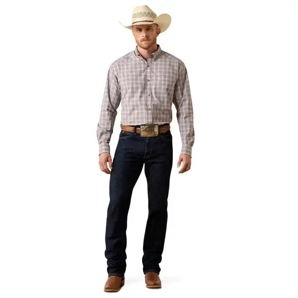 Man wearing a plaid shirt, jeans, and a cowboy hat on a white background