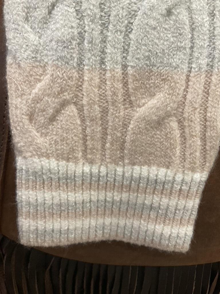 Cream, grey and beige horizontally striped knit sweater