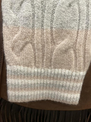Cream, grey and beige horizontally striped knit sweater