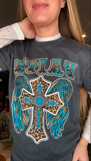 Turquoise Leopard Faith Cross Graphic Tee