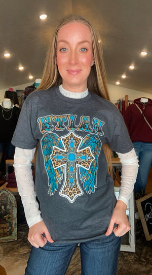 Turquoise Leopard Faith Cross Graphic Tee