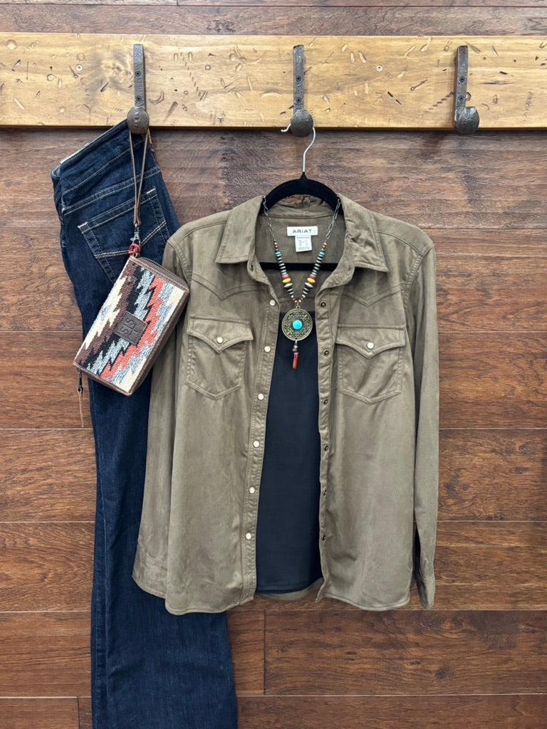 An olive green western-style button-up shirt 