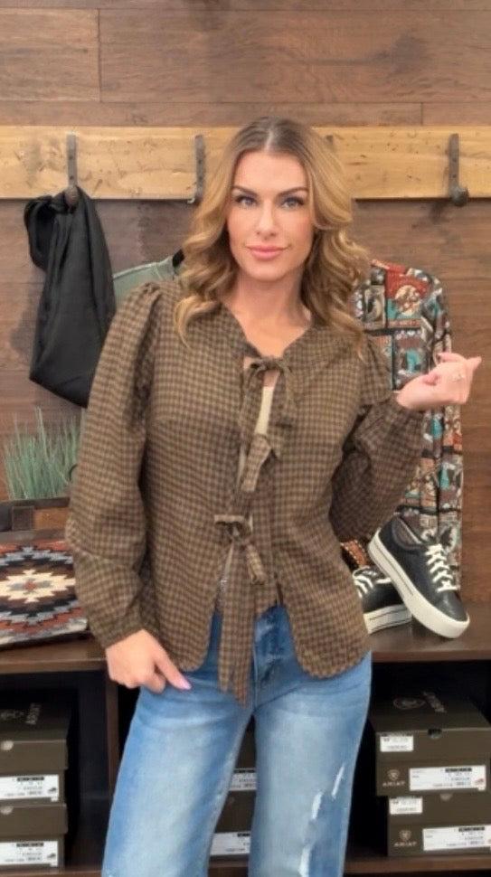 Hollie Gingham Long SleeveTie Top