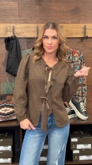 Hollie Gingham Long SleeveTie Top