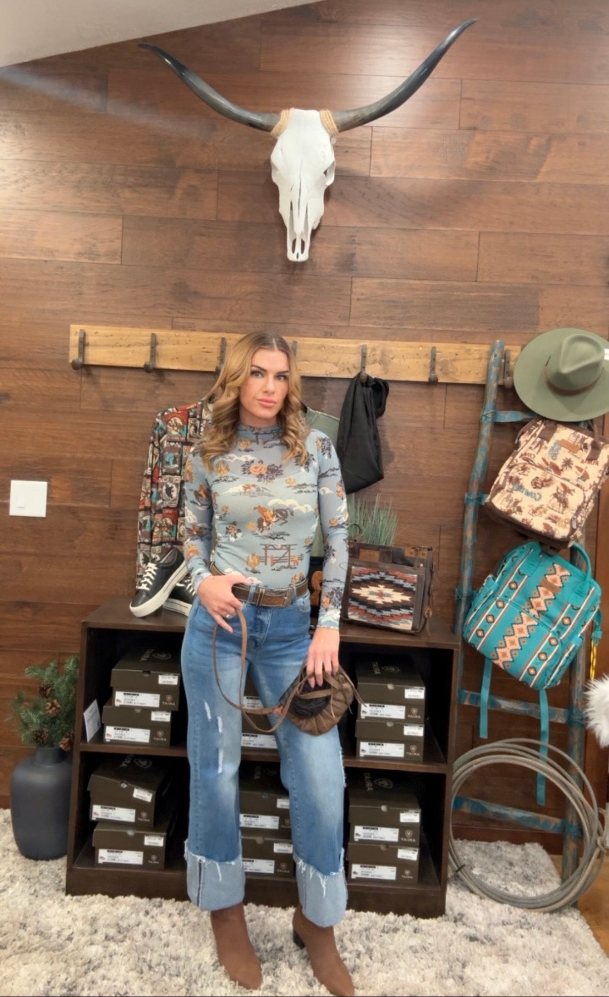 Cruel Girl Women's Blue Cowgirl Print Long Sleeve Mesh