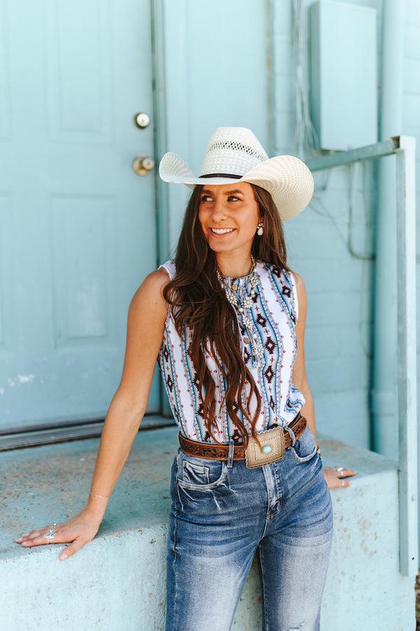 Ivory Turquoise Red Ribbed Printed Button Down Sleeveless Top