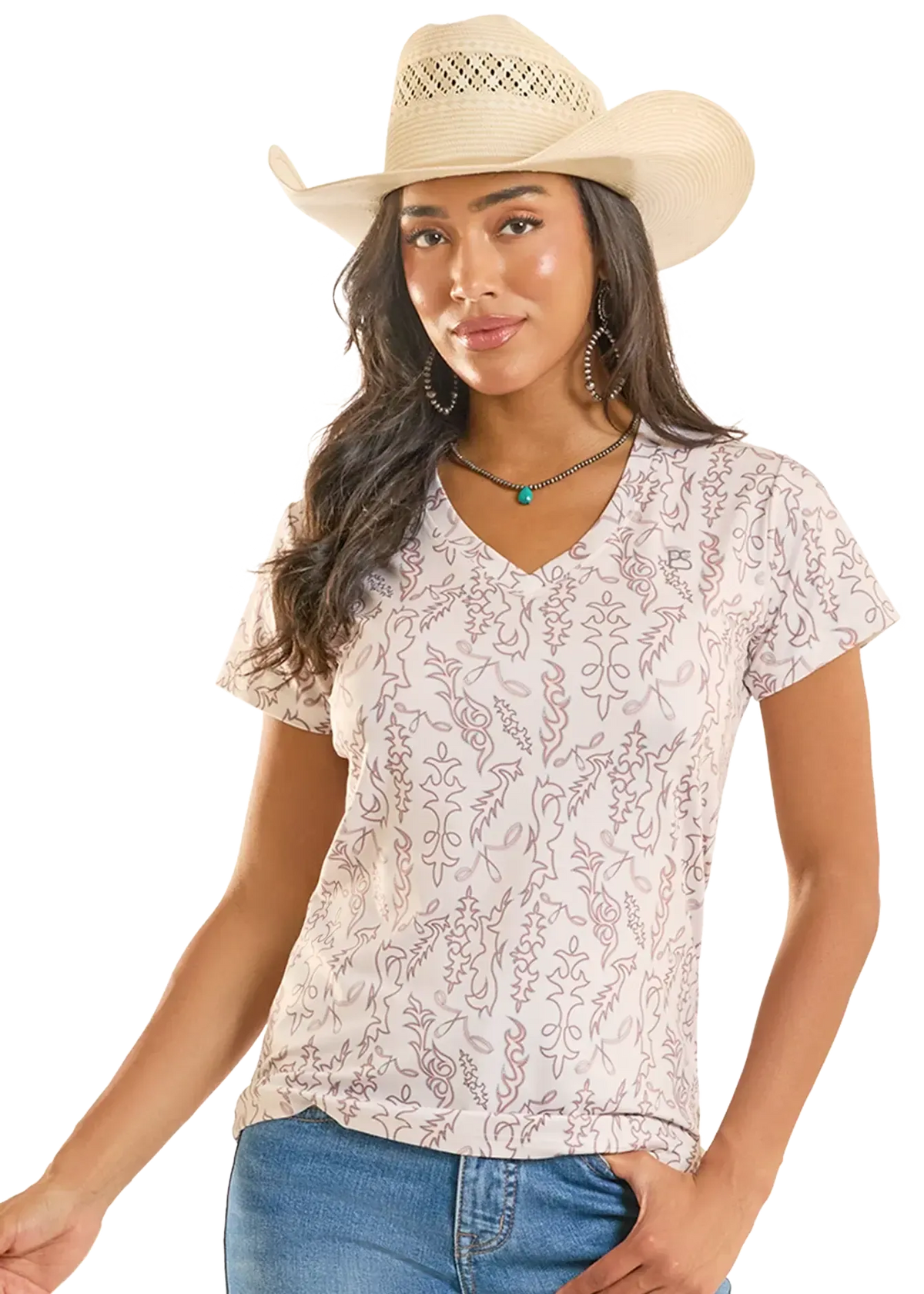 Woman wearing a floral blouse and cowboy hat on a white background