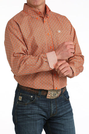 Cinch Men's Orange Geometric Print Button Down Shirt