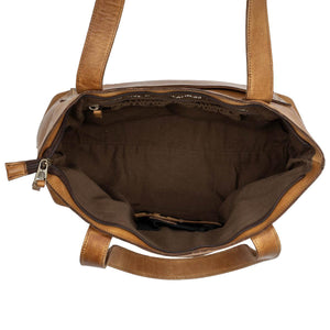 Brown leather bag with open front compartment on a white background