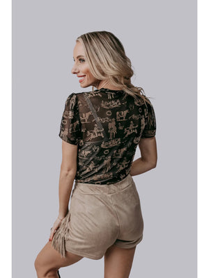 Puff Short Sleeve Western Scene Mesh Top