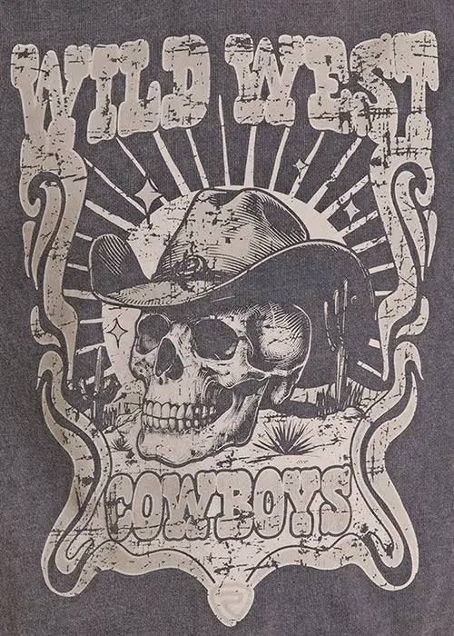 A close-up of a dark gray graphic print featuring a distressed cowboy skull wearing a hat, with the words 'Wild West Cowboy' in stylized lettering.