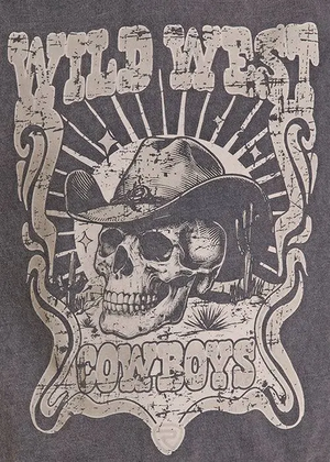 A close-up of a dark gray graphic print featuring a distressed cowboy skull wearing a hat, with the words 'Wild West Cowboy' in stylized lettering.