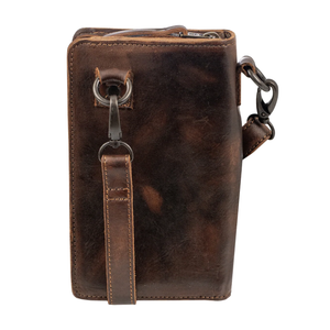 A dark brown distressed leather crossbody bag with a matching adjustable leather strap and dark metal hardware, shown against a plain white background.