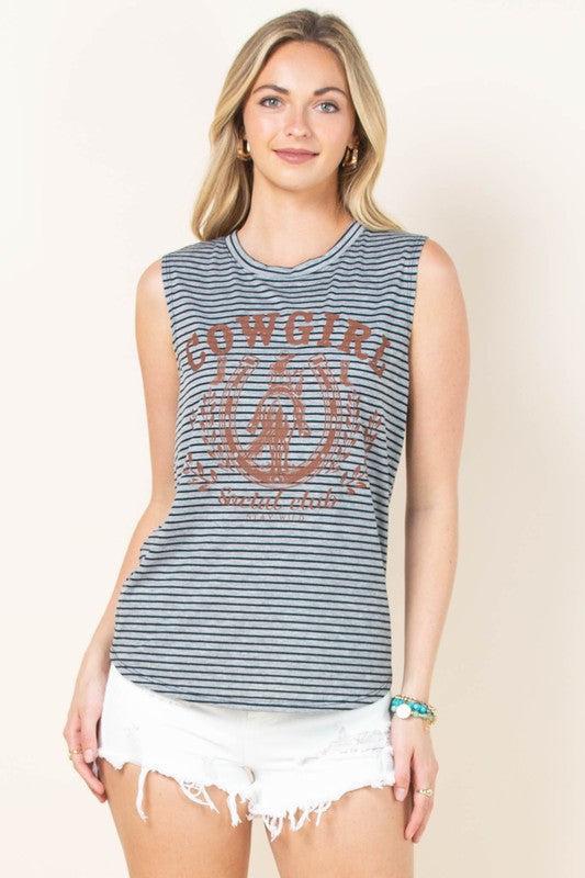 Cowgirl Graphic Striped Sleeveless Top