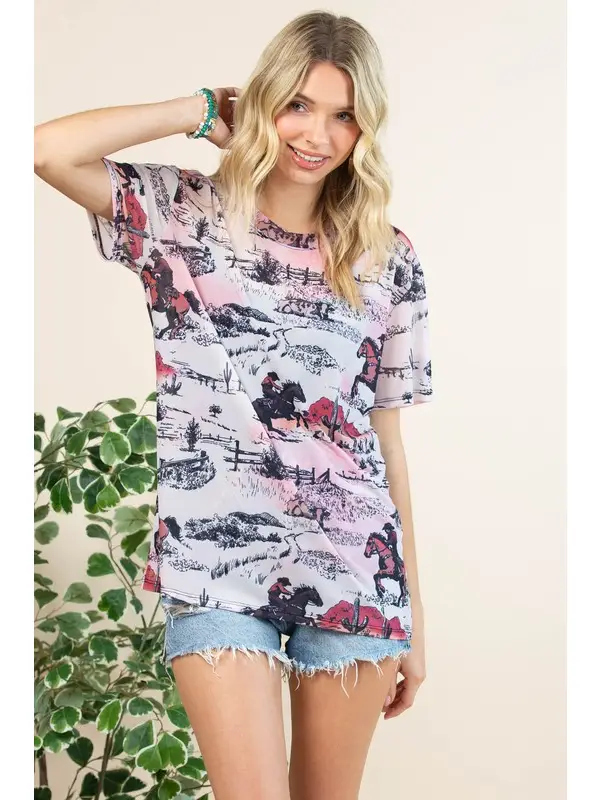 ELAYNE Western Cowboy Print Semi Sheer Mesh Top