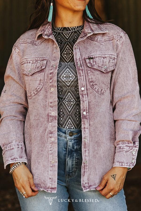 Lavender Mineral Wash Denim Pearl Snap Long Sleeve Shirt