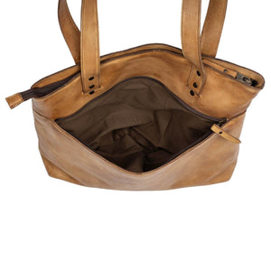 Brown leather handbag with open top on a white background
