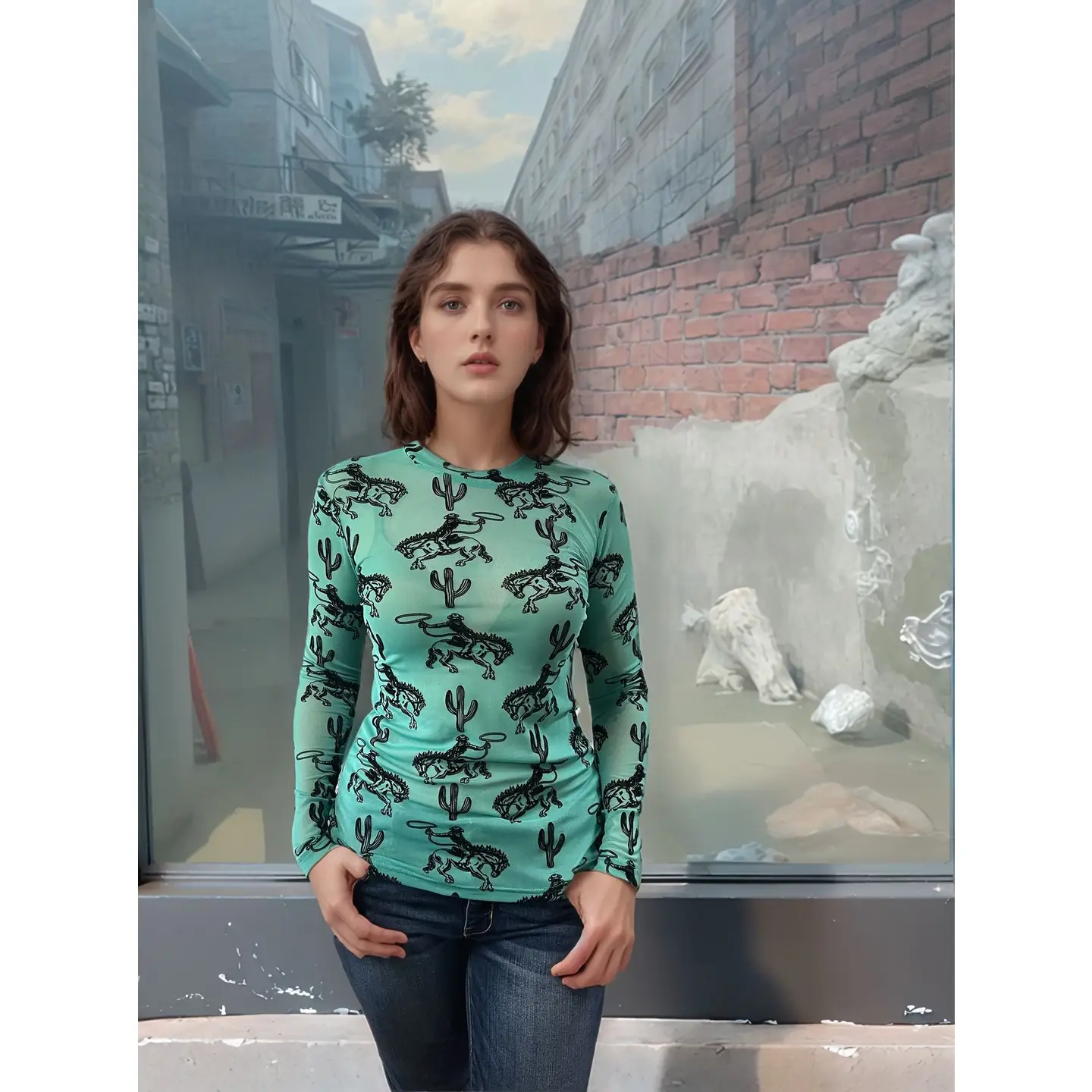 Western Print 3D Cactus & Cowboys Mesh Top