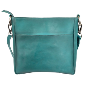 Teal leather handbag with a shoulder strap on a white background